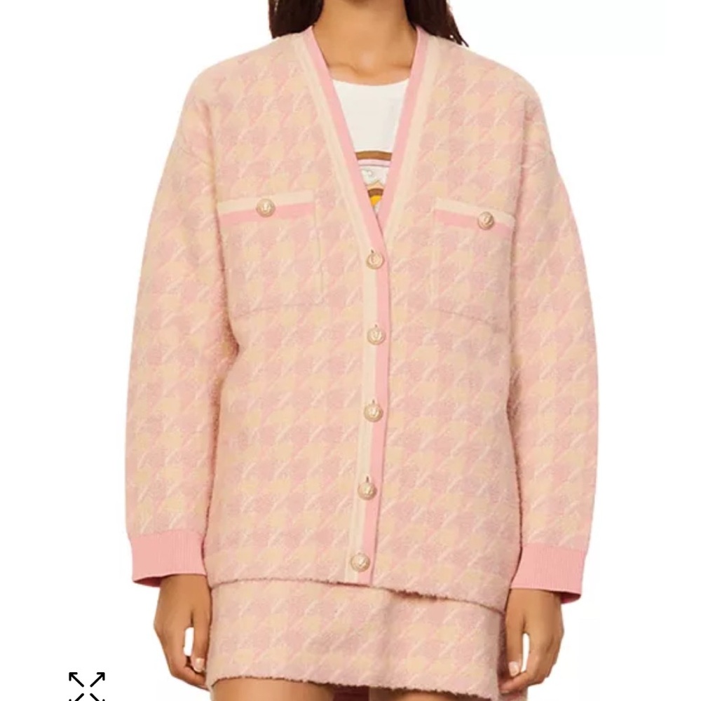 Sandro Pink and Cream Houndstooth Cardigan